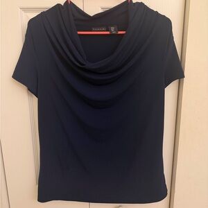 Tahari Navy Draped Cowl Neck Short Sleeve Top